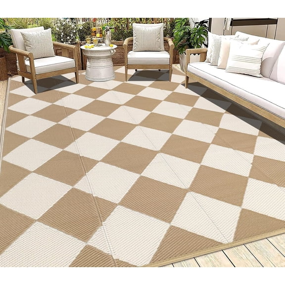Findosom Outdoor Rug Waterproof 5'x8' Patio Rugs Foldable Reversible Camping Mat for RV,Deck,Porch,icnic,Beach,Balcony,Beige & Brown