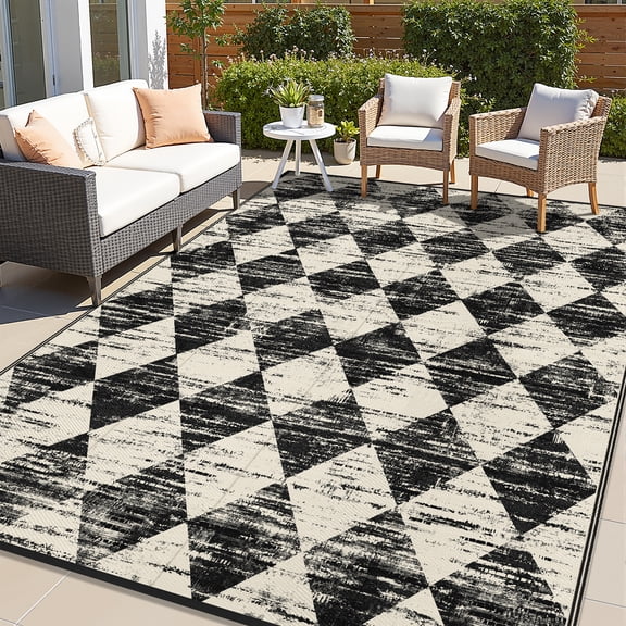 Findosom Outdoor Rug Waterproof 8'x10' Patio Rugs Foldable Reversible Camping Mat for RV,Deck,Porch,icnic,Beach,Balcony,Black & White