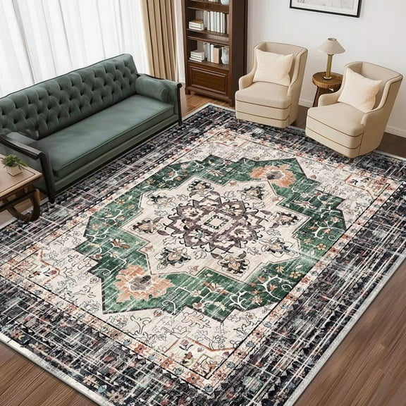 Findosom Retro Area Rugs 9'x12' Oriental Floor Carpet,Washable Non-Slip Soft Large Rugs for Living Room,Low Pile Indoor Rugs for Bedroom Dining Room Entryway Office Home Decor,Emerald