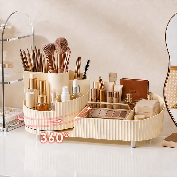 Findosom Rotating Makeup Organizer for Vanity Countertop, 360 Spinning Cosmetic Storage Display Case, Large Capacity Brush Holder for Bathroom Counter, Skincare Perfume Shelf-Cream