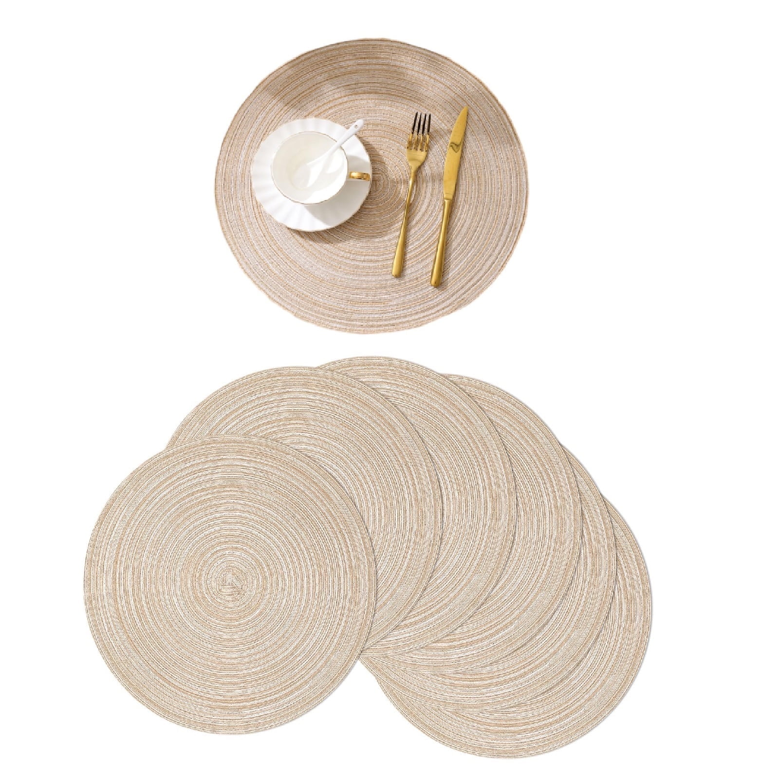 Beige Round Braided Cotton Polyester Placemats Set of 6