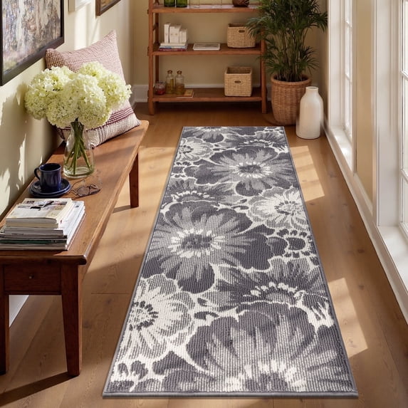 Findosom Runner Rug for Hallway 2x10 ft,Non-slip Machine Washable Runners Flower Floor Mats Low Pile Carpet Rug Runner with Rubber Backing for Entryway Doormat Bathroom Kitchen Laundry Room,Grey