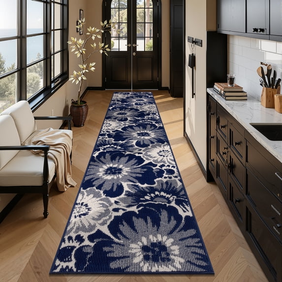 Findosom Runner Rug for Hallway 2x10 ft,Non-slip Machine Washable Runners Flower Floor Mats Low Pile Carpet Rug Runner with Rubber Backing for Entryway Doormat Bathroom Kitchen Laundry Room,Blue