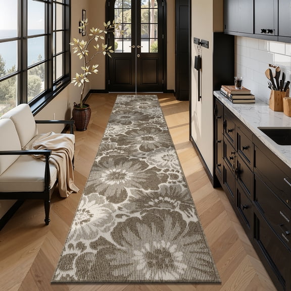 Findosom Runner Rug for Hallway 2x10 ft,Non-slip Machine Washable Runners Flower Floor Mats Low Pile Carpet Rug Runner with Rubber Backing for Entryway Doormat Bathroom Kitchen Laundry Room,Brown