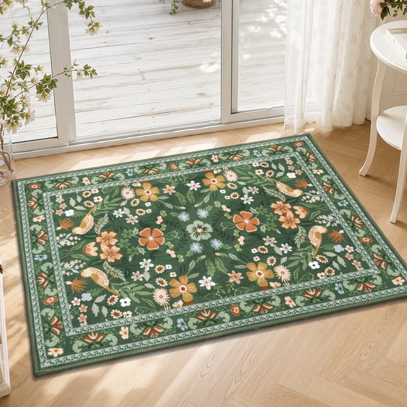 Findosom 2'x3' Washable Runner Rug for Hallway,Non Slip Floral Laundry Runner Rugs,Low Pile Faux Wool Floor Mat Stain Resistant Carpet Runner Rug for Bedroom Kitchen Living Room Entrance,Green