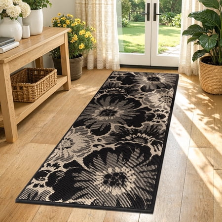 Findosom Runner Rug for Hallway 2x5 ft,Non-slip Machine Washable Runners Flower Floor Mats Low Pile Carpet Rug Runner with Rubber Backing for Entryway Doormat Bathroom Kitchen Laundry Room,Black