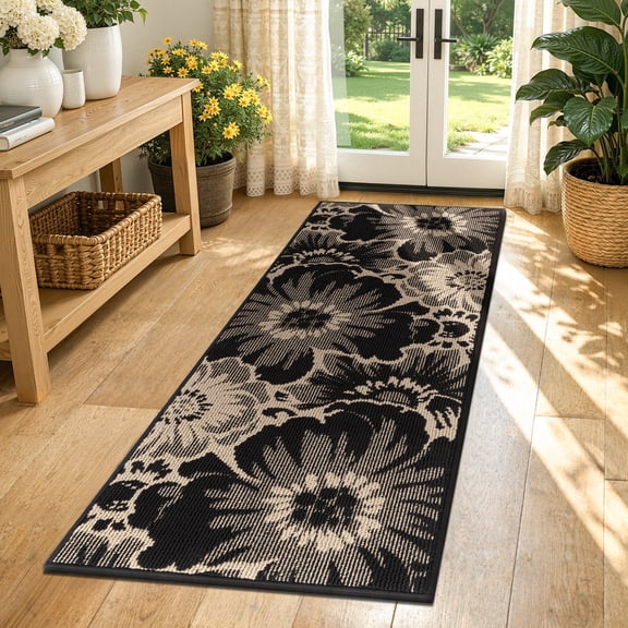 Findosom Runner Rug for Hallway 2x5 ft,Non-slip Machine Washable Runners Flower Floor Mats Low Pile Carpet Rug Runner with Rubber Backing for Entryway Doormat Bathroom Kitchen Laundry Room,Black