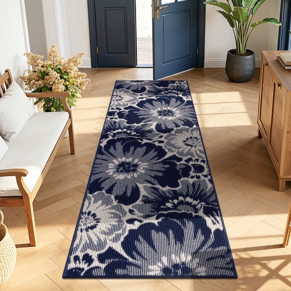 Findosom Runner Rug for Hallway 2x6 ft,Non-slip Machine Washable Runners Flower Floor Mats Low Pile Carpet Rug Runner with Rubber Backing for Entryway Doormat Bathroom Kitchen Laundry Room,Blue