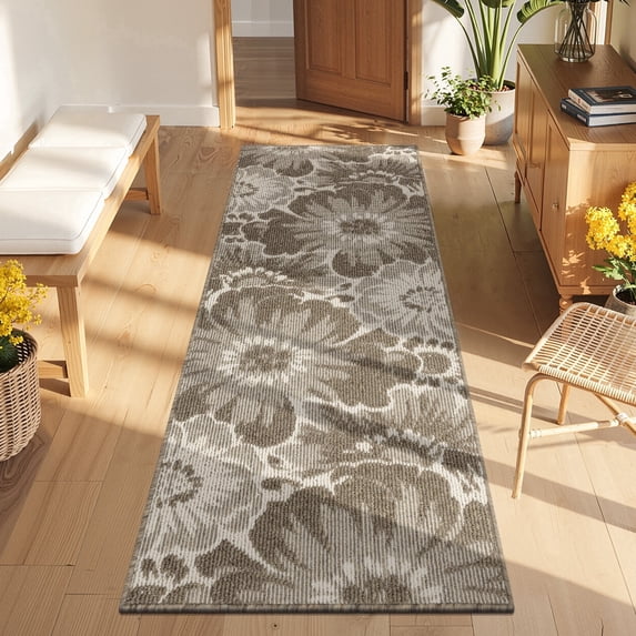 Findosom Runner Rug for Hallway 2x6 ft,Non-slip Machine Washable Runners Flower Floor Mats Low Pile Carpet Rug Runner with Rubber Backing for Entryway Doormat Bathroom Kitchen Laundry Room,Brown