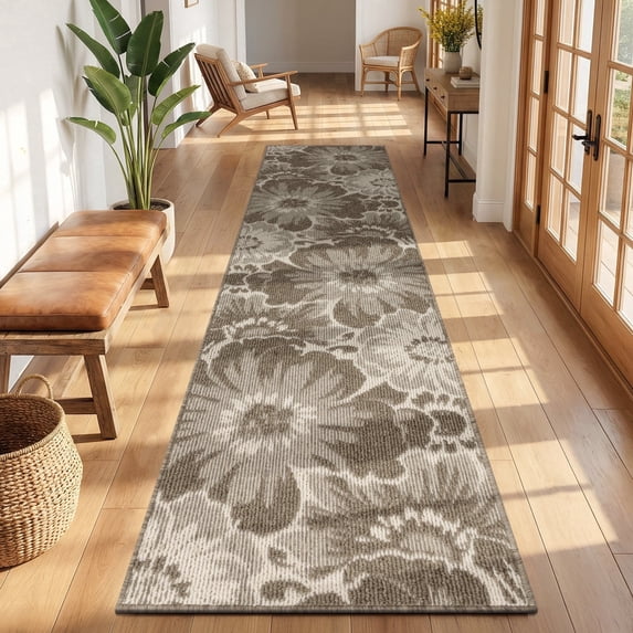 Findosom Runner Rug for Hallway 2x8 ft,Non-slip Machine Washable Runners Flower Floor Mats Low Pile Carpet Rug Runner with Rubber Backing for Entryway Doormat Bathroom Kitchen Laundry Room,Brown