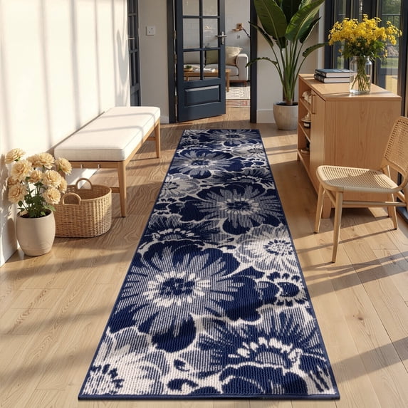 Findosom Runner Rug for Hallway 2x8 ft,Non-slip Machine Washable Runners Flower Floor Mats Low Pile Carpet Rug Runner with Rubber Backing for Entryway Doormat Bathroom Kitchen Laundry Room,Blue