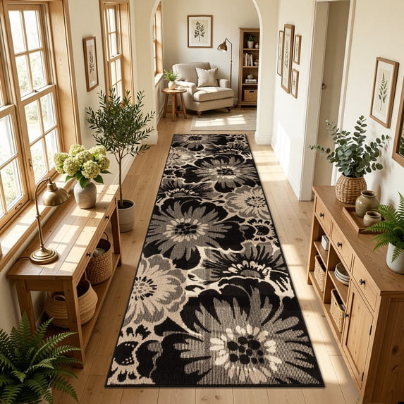 Findosom Runner Rug for Hallway 3x10 ft,Non-slip Machine Washable Runners Flower Floor Mats Low Pile Carpet Rug Runner with Rubber Backing for Entryway Doormat Bathroom Kitchen Laundry Room,Black