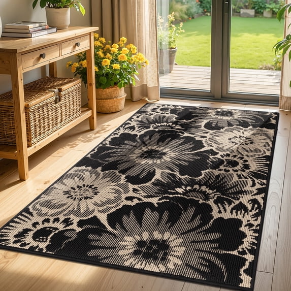 Findosom Runner Rug for Hallway 3x5 ft,Non-slip Machine Washable Runners Flower Floor Mats Low Pile Carpet Rug Runner with Rubber Backing for Entryway Doormat Bathroom Kitchen Laundry Room,Black