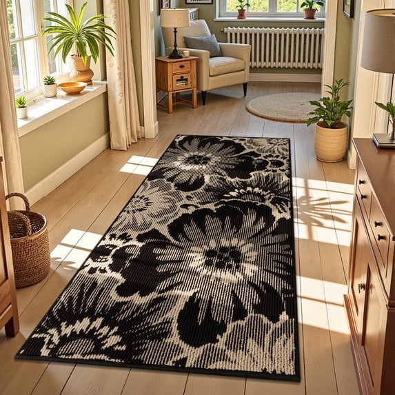 Findosom Runner Rug for Hallway 3x6 ft,Non-slip Machine Washable Runners Flower Floor Mats Low Pile Carpet Rug Runner with Rubber Backing for Entryway Doormat Bathroom Kitchen Laundry Room,Black