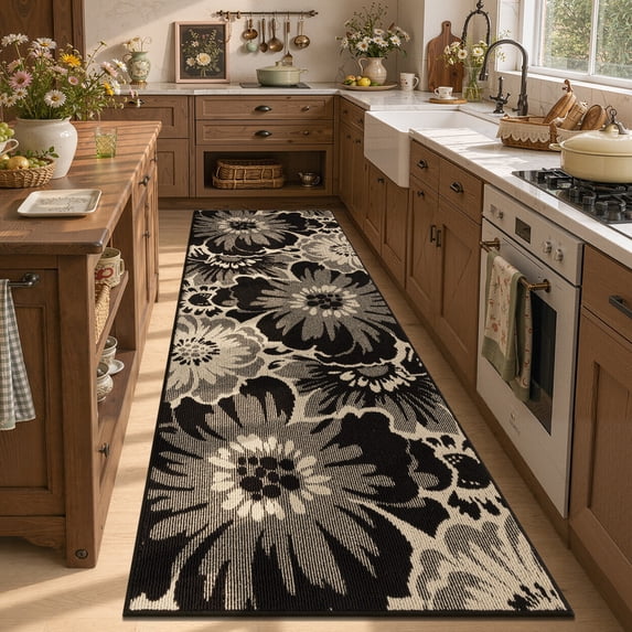 Findosom Runner Rug for Hallway 3x8 ft,Non-slip Machine Washable Runners Flower Floor Mats Low Pile Carpet Rug Runner with Rubber Backing for Entryway Doormat Bathroom Kitchen Laundry Room,Black