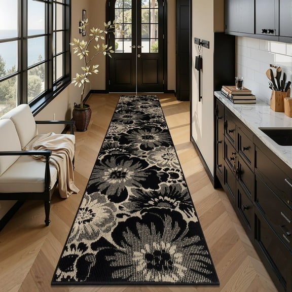 Findosom Runner Rug for Hallway 2x10 ft,Non-slip Machine Washable Runners Flower Floor Mats Low Pile Carpet Rug Runner with Rubber Backing for Entryway Doormat Bathroom Kitchen Laundry Room,Black