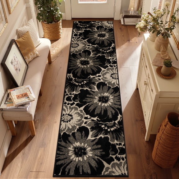 Findosom Runner Rug for Hallway 2x8 ft,Non-slip Machine Washable Runners Flower Floor Mats Low Pile Carpet Rug Runner with Rubber Backing for Entryway Doormat Bathroom Kitchen Laundry Room,Black