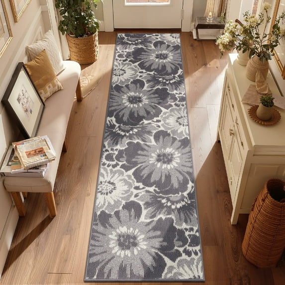 Findosom Runner Rug for Hallway 2x8 ft,Non-slip Machine Washable Runners Flower Floor Mats Low Pile Carpet Rug Runner with Rubber Backing for Entryway Doormat Bathroom Kitchen Laundry Room,Gray