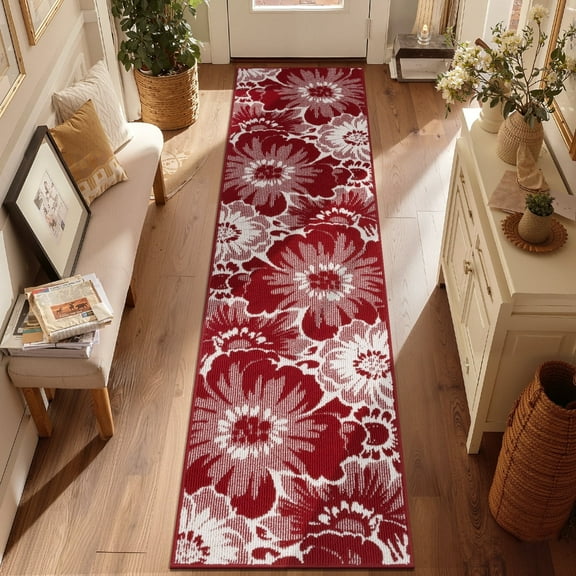 Findosom Runner Rug for Hallway 2x8 ft,Non-slip Machine Washable Runners Flower Floor Mats Low Pile Carpet Rug Runner with Rubber Backing for Entryway Doormat Bathroom Kitchen Laundry Room,Red