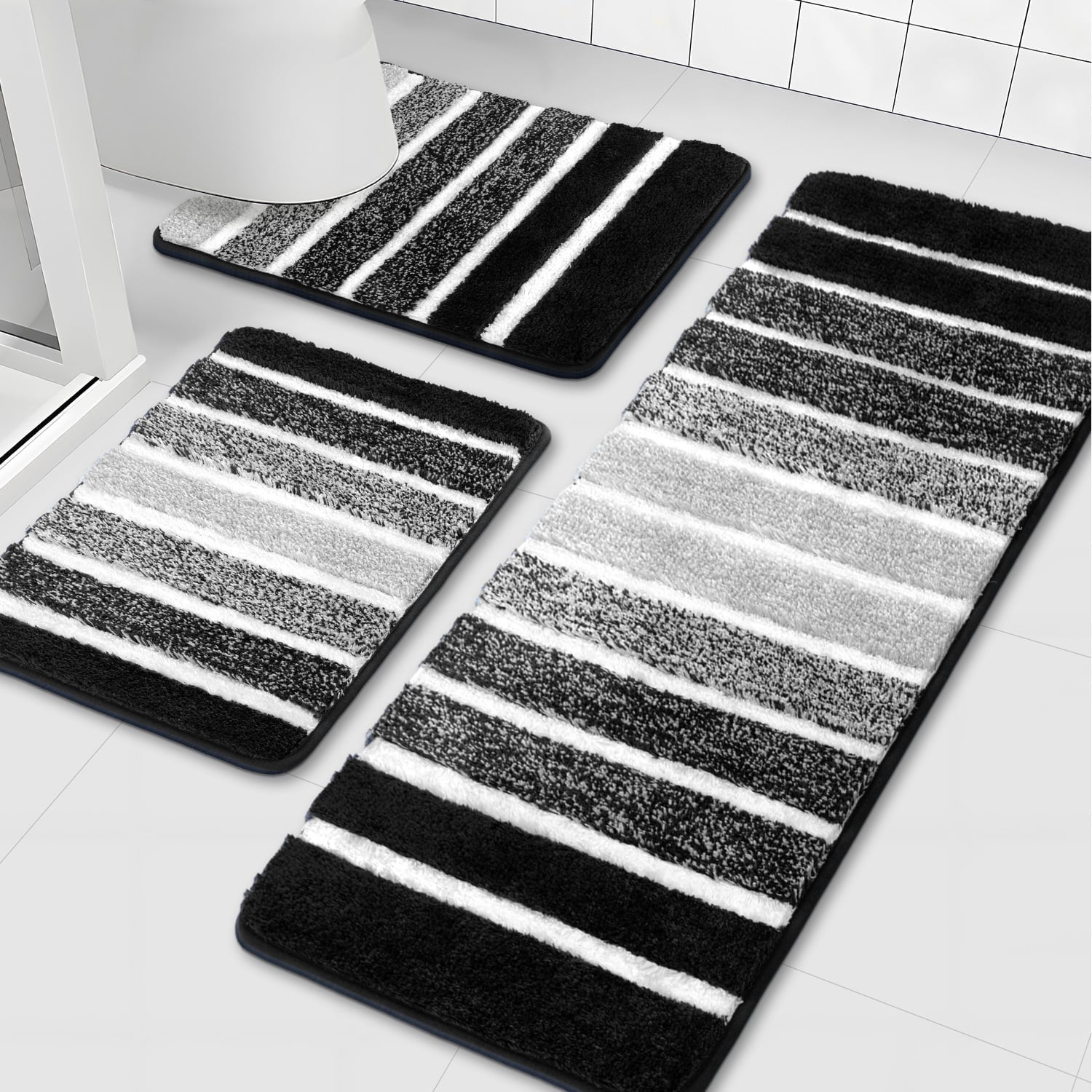 Findosom Bathroom Rugs Set of 3,Absorbent Non-Slip Machine Washable Bath Rugs, Microfiber Quick Dry Bath Mats for Bathroom Floor Tub Shower Bedroom Kitchen,18"x26"+18"x48"+U Shape 20"x24" Black