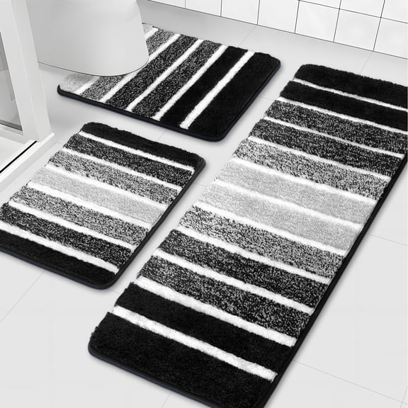 Findosom Bathroom Rugs Set of 3,Absorbent Non-Slip Machine Washable Bath Rugs, Microfiber Quick Dry Bath Mats for Bathroom Floor Tub Shower Bedroom Kitchen,18"x26"+18"x48"+U Shape 20"x24" Black
