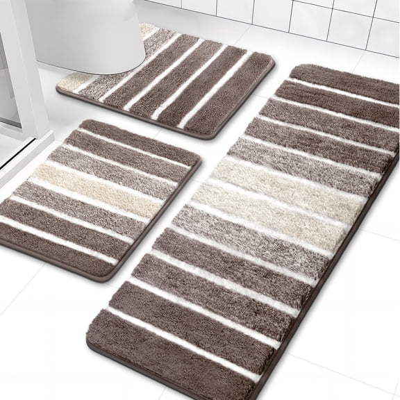 Findosom Bathroom Rugs Set of 3,Absorbent Non-Slip Machine Washable Bath Rugs, Microfiber Quick Dry Bath Mats for Bathroom Floor Tub Shower Bedroom Kitchen,18"x26"+18"x48"+U Shape 20"x24" Brown