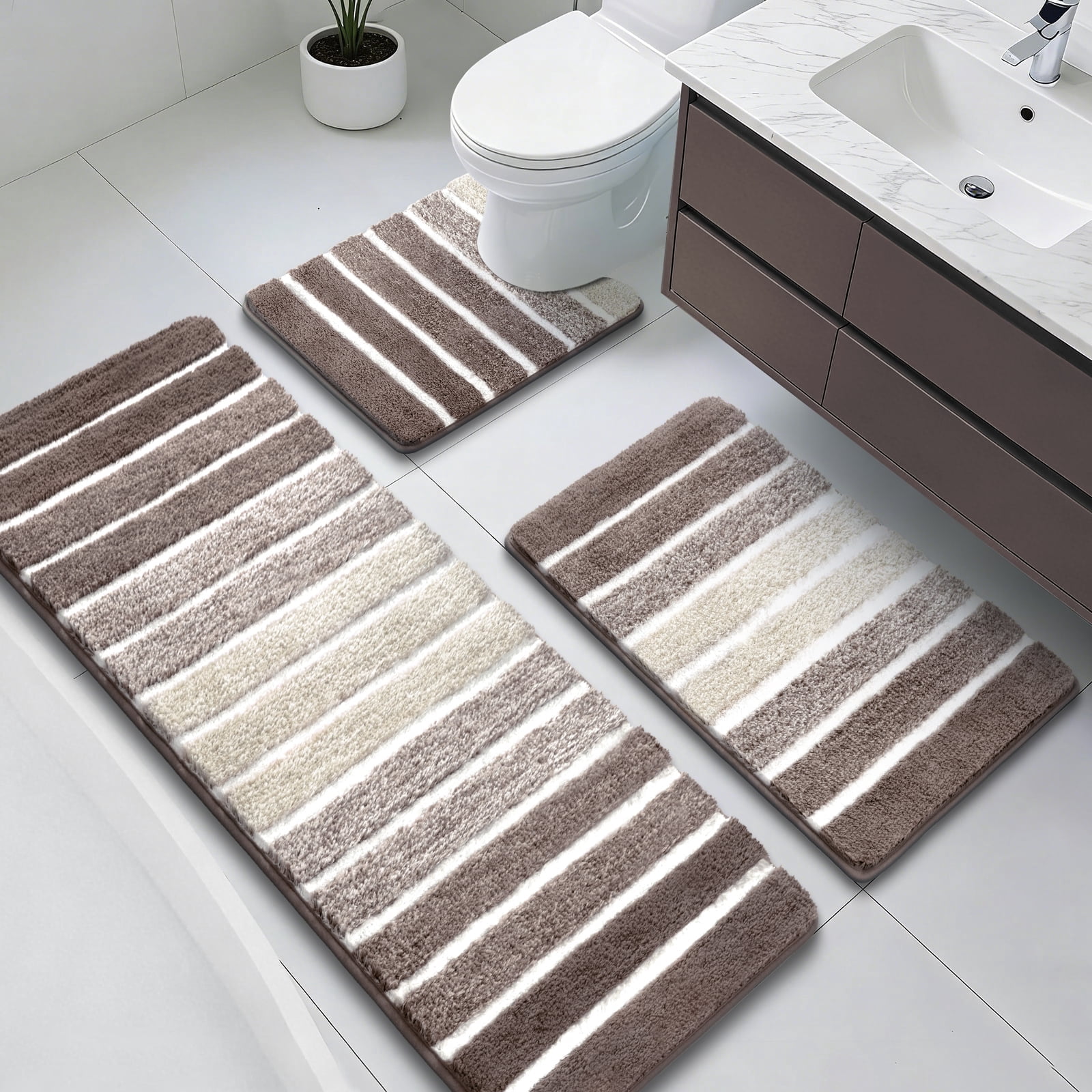 Findosom Bathroom Rugs Set of 3,Absorbent Non-Slip Machine Washable Bath Rugs, Microfiber Quick Dry Bath Mats for Bathroom Floor Tub Shower Bedroom Kitchen,20"x32"+20"x59"+U Shape 20"x24" Brown