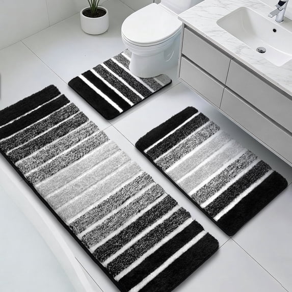 Findosom Bathroom Rugs Set of 3,Absorbent Non-Slip Machine Washable Bath Rugs, Microfiber Quick Dry Bath Mats for Bathroom Floor Tub Shower Bedroom Kitchen,20"x32"+20"x59"+U Shape 20"x24" Black