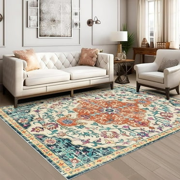 Findosom Vintage Area Rug 3'x5' Machine Washable Non Slip Retro Rugs for Living Room Bedroom Dining Room Low Pile Distressed Chenille Rug Carpet Entryway Office Farmhouse Boho Rug Home Decor,Orange