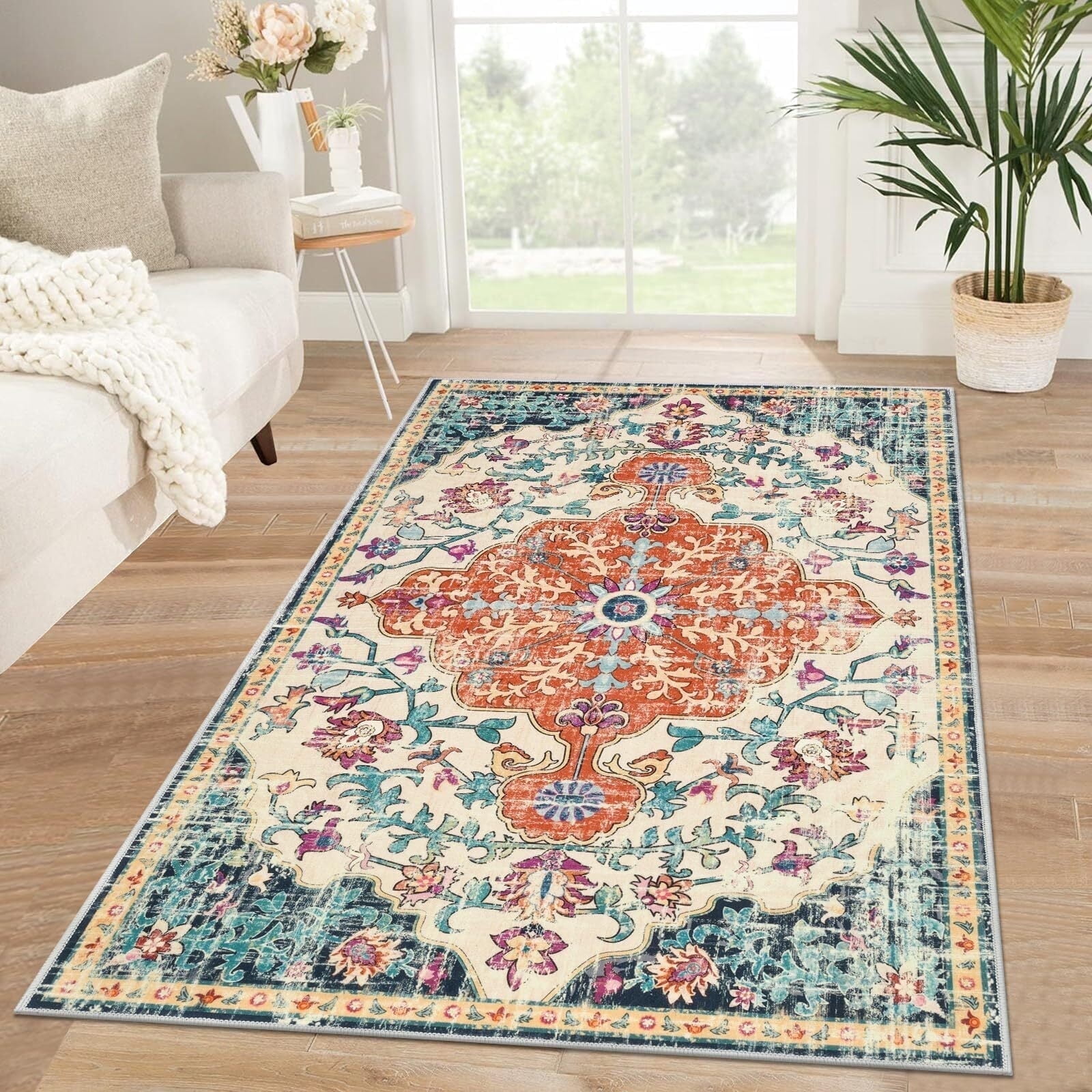 Findosom 3'x5' Vintage Area Rug for Living Room, Machine Washable Rugs ...