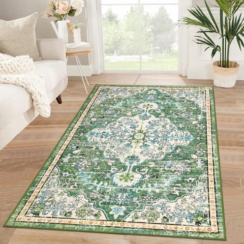 Findosom 3'x5' Vintage Boho Area Rug, Machine Washable Rugs Non Slip Distressed Indoor Rug,Large Retro Area Rug Floor Carpet for Bedroom Dining Room Entryway Office Decor,Green
