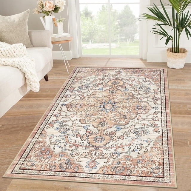 Findosom 3'x5' Vintage Boho Area Rug, Machine Washable Rugs Non Slip Distressed Indoor Rug,Large Retro Area Rug Floor Carpet for Bedroom Dining Room Entryway Office Decor,Beige
