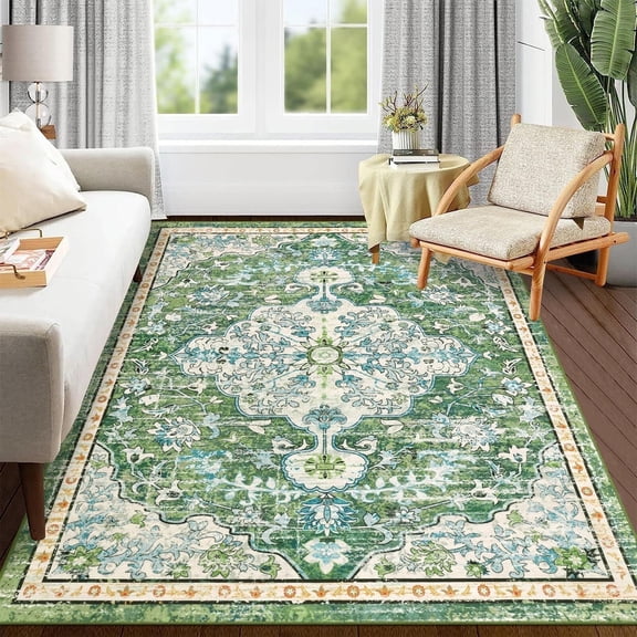 Findosom 5'x7' Vintage Boho Area Rug, Machine Washable Rugs Non Slip Distressed Indoor Rug,Large Retro Area Rug Floor Carpet for Bedroom Dining Room Entryway Office Decor,Green