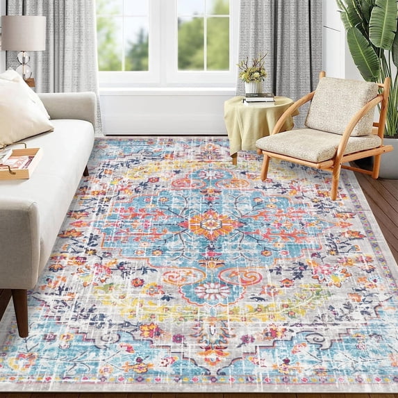 Findosom 5'x7' Vintage Boho Area Rug, Machine Washable Rugs Non Slip Distressed Indoor Rug,Large Retro Area Rug Floor Carpet for Bedroom Dining Room Entryway Office Decor,Gray