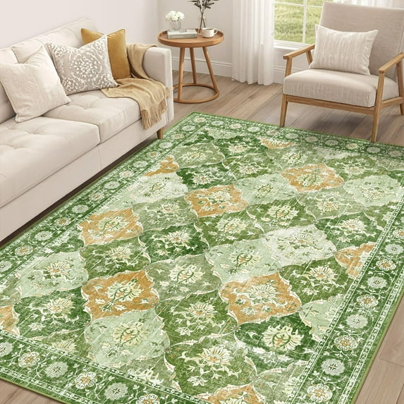 Findosom Vintage Area Rug 5x7 Washable Living Room Rug,Non-Slip Soft Floor Carpet Rug Stain Resistant Distressed Indoor Rug for Living Room Kitchen, Entryway, Dining Room Green