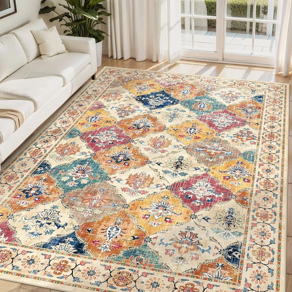 Findosom 6'x9'Vintage Boho Area Rug, Machine Washable Non-Slip Soft Floor Carpet, Stain Resistant Distressed Indoor Rug for Living Room Bedroom Dining Room Entryway,Orange