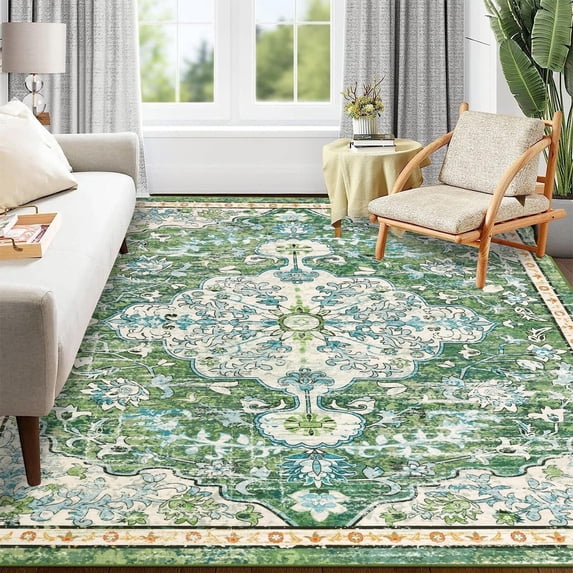 Findosom 8'x10' Vintage Boho Area Rug, Machine Washable Rugs Non Slip Distressed Indoor Rug,Large Retro Area Rug Floor Carpet for Bedroom Dining Room Entryway Office Decor,Green