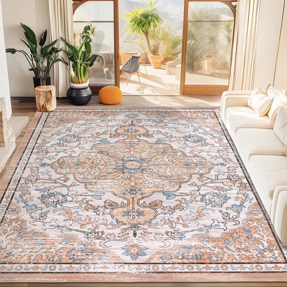 Findosom 8'x10' Vintage Boho Area Rug, Machine Washable Rugs Non Slip Distressed Indoor Rug,Large Retro Area Rug Floor Carpet for Bedroom Dining Room Entryway Office Decor,Beige