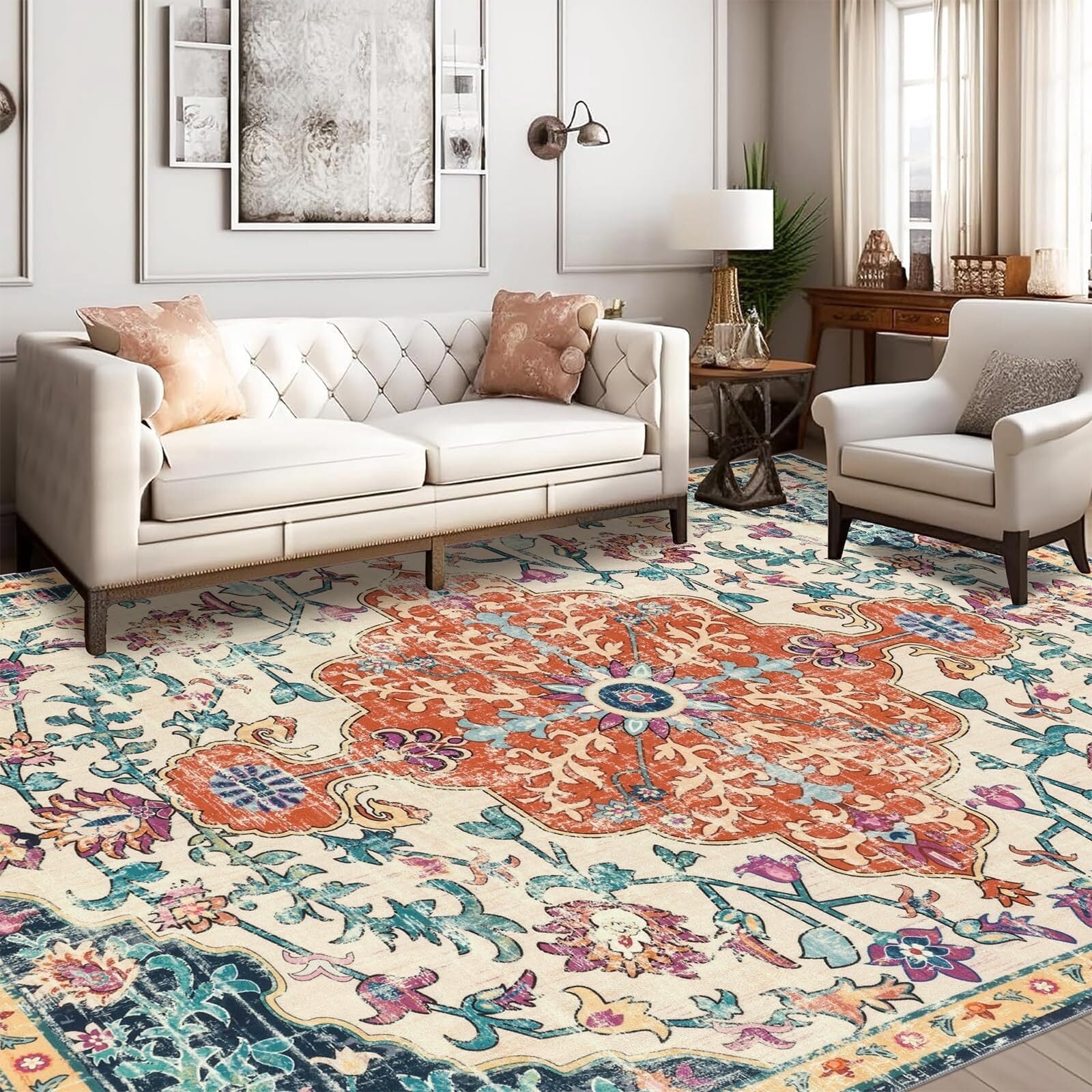 Large Distressed Rugs Findosom 8'x10' Vintage Area Rug for Living Room, Machine Washable Rugs ...