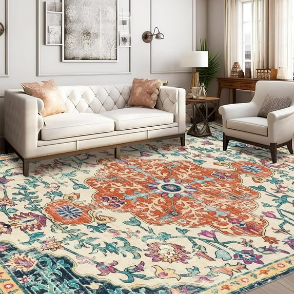 Findosom 8'x10' Vintage Area Rug for Living Room, Machine Washable Rugs Non Slip Distressed Indoor Rug,Large Retro Area Rug Floor Carpet for Bedroom Dining Room Entryway Office Decor,Orange