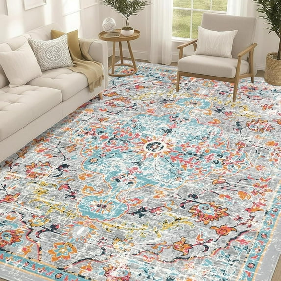 Findosom 8'x10' Vintage Area Rug for Living Room, Machine Washable Rugs Non Slip Distressed Indoor Rug,Large Retro Area Rug Floor Carpet for Bedroom Dining Room Entryway Office Decor,Gray