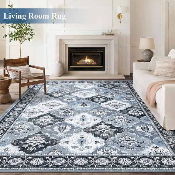 Findosom 8'x10'Vintage Boho Area Rug, Machine Washable Non-Slip Soft Floor Carpet, Stain Resistant Distressed Indoor Rug for Living Room Bedroom Dining Room Entryway,Blue