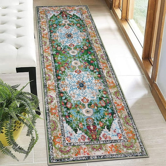 Findosom 2'x6' Vintage Boho Runner Rug Washable Non-slip Area Rug,Hallway Indoor Farmhouse Bedroom Kitchen Living Room Non Shedding Runner, Contemporary Low Plie Floor Carpet Doormat,Green