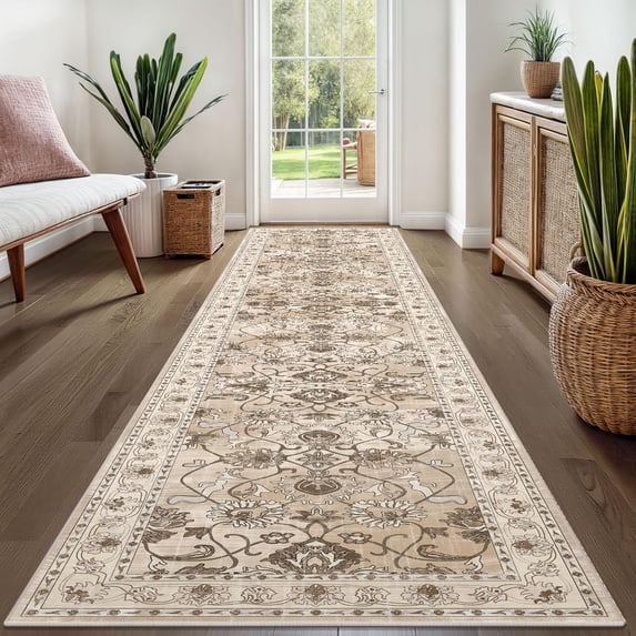 Findosom Washable Runner Rug 2'x10' Non-slip Kitchen Runner Rug, Vintage Paisley Runner Rugs Soft Distressed Carpet Boho Runner Rug for Hallway Bedroom Laundry Entryway,Beige