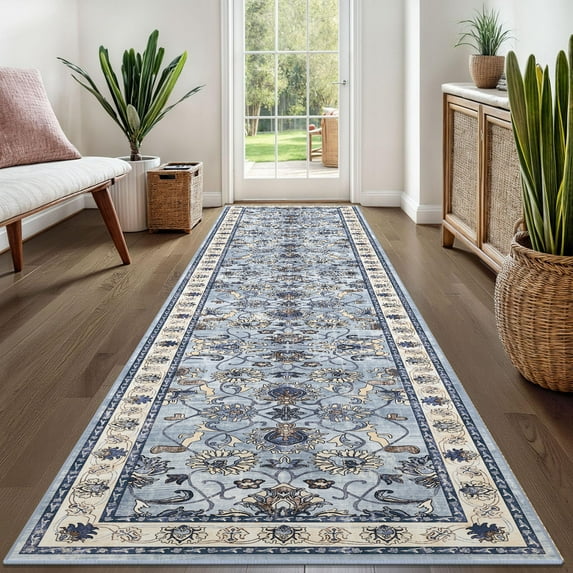 Findosom Washable Runner Rug 2'x10' Non-slip Kitchen Runner Rug, Vintage Paisley Runner Rugs Soft Distressed Carpet Boho Runner Rug for Hallway Bedroom Laundry Entryway,Blue