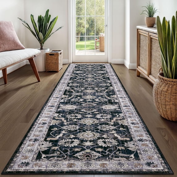 Findosom Washable Runner Rug 2'x10' Non-slip Kitchen Runner Rug, Vintage Paisley Runner Rugs Soft Distressed Carpet Boho Runner Rug for Hallway Bedroom Laundry Entryway,Black