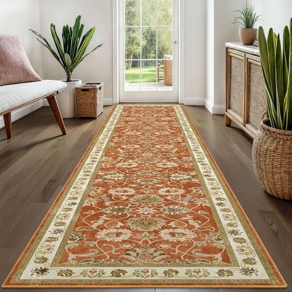 Findosom Washable Runner Rug 2'x10' Non-slip Kitchen Runner Rug, Vintage Paisley Runner Rugs Soft Distressed Carpet Boho Runner Rug for Hallway Bedroom Laundry Entryway,Orange
