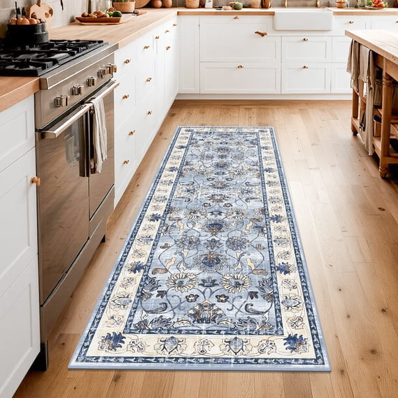 Findosom Washable Runner Rug 2'x6' Non-slip Kitchen Runner Rug, Vintage Paisley Runner Rugs Soft Distressed Carpet Boho Runner Rug for Hallway Bedroom Laundry Entryway,Blue