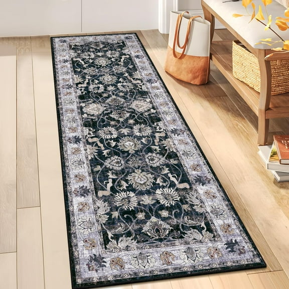 Findosom Washable Runner Rug 2'x6' Non-slip Kitchen Runner Rug, Vintage Paisley Runner Rugs Soft Distressed Carpet Boho Runner Rug for Hallway Bedroom Laundry Entryway,Black