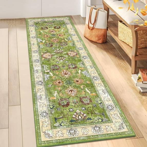 Findosom Washable Runner Rug 2'x6' Non-slip Kitchen Runner Rug, Vintage Paisley Runner Rugs Soft Distressed Carpet Boho Runner Rug for Hallway Bedroom Laundry Entryway,Green